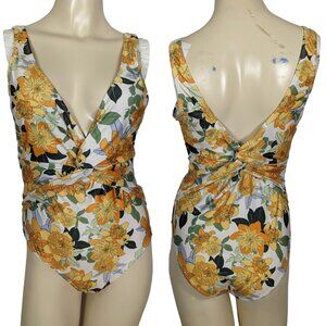 Nicole Miller One-Piece Swimsuit Sz M Womens yellow green Floral V-Neck Wrap Sty